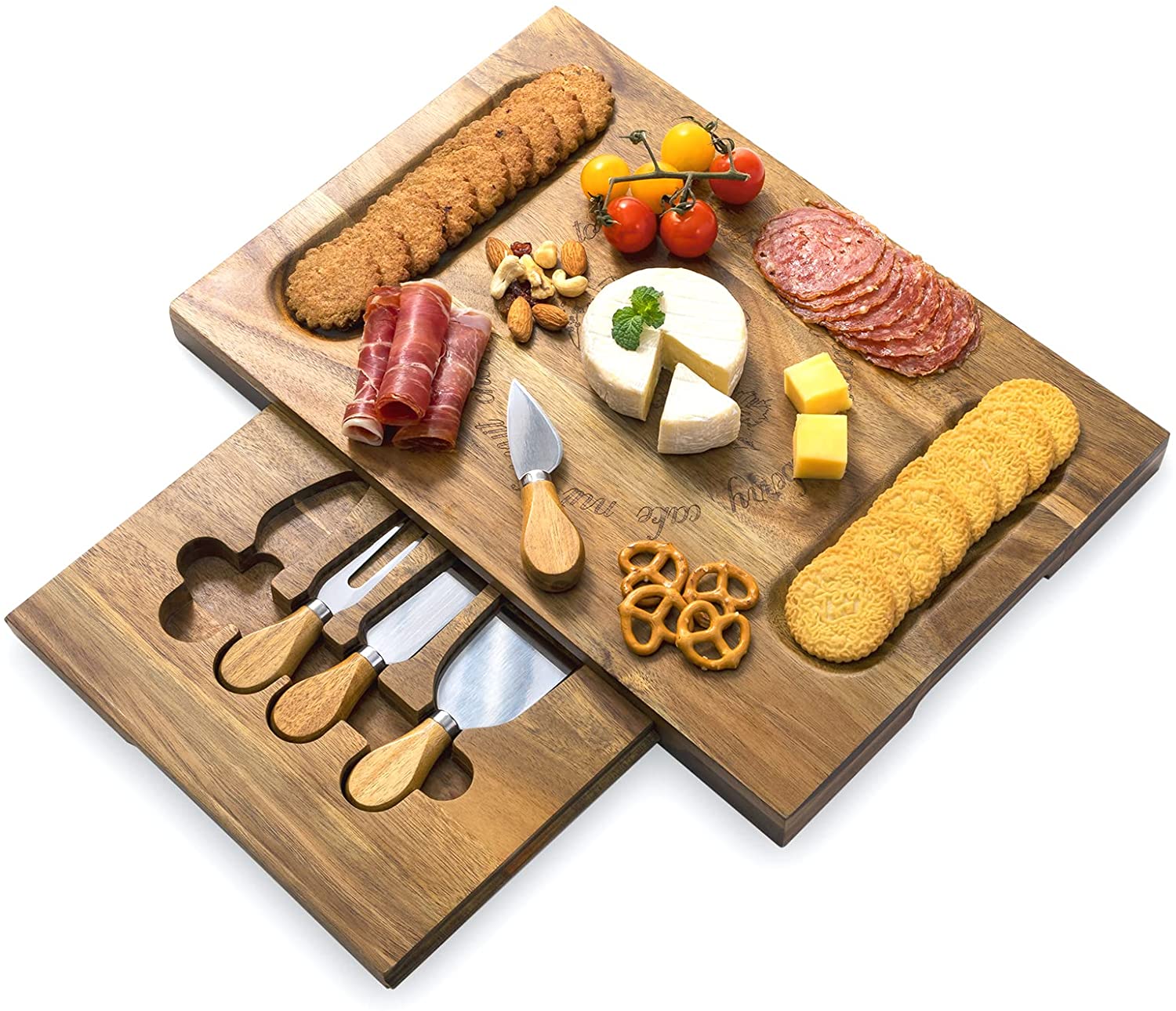 Price:$32.99  Cheese Board & Knife Set Acacia Charcuterie Board 11”x 16”Cheese Platter with 4 Stainless Steel Knife Charcuterie Platter House Warming Gift & Perfect Choice for Christmas Thanksgiving Wedding: Cheese Plates