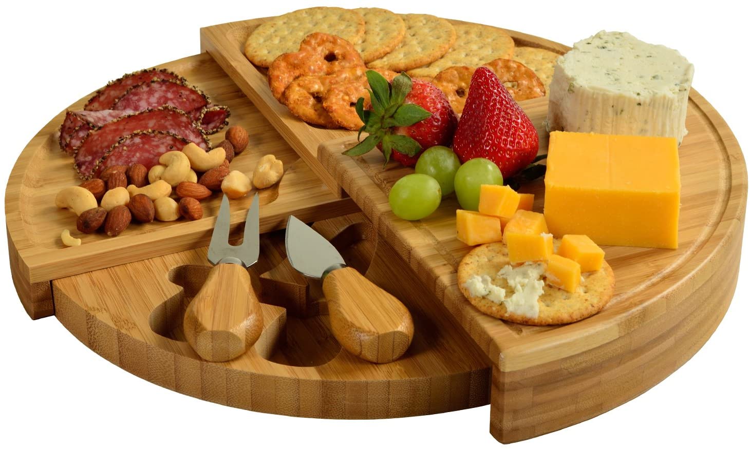 Price:$51.00  at Ascot Bamboo Board for Appetizers with Cheese Tools - Stores as a Space Saving Wedge - Opens to 13" Diameter – Designed by  at Ascot - USA Patented & Quality Assured: Cheese Plates