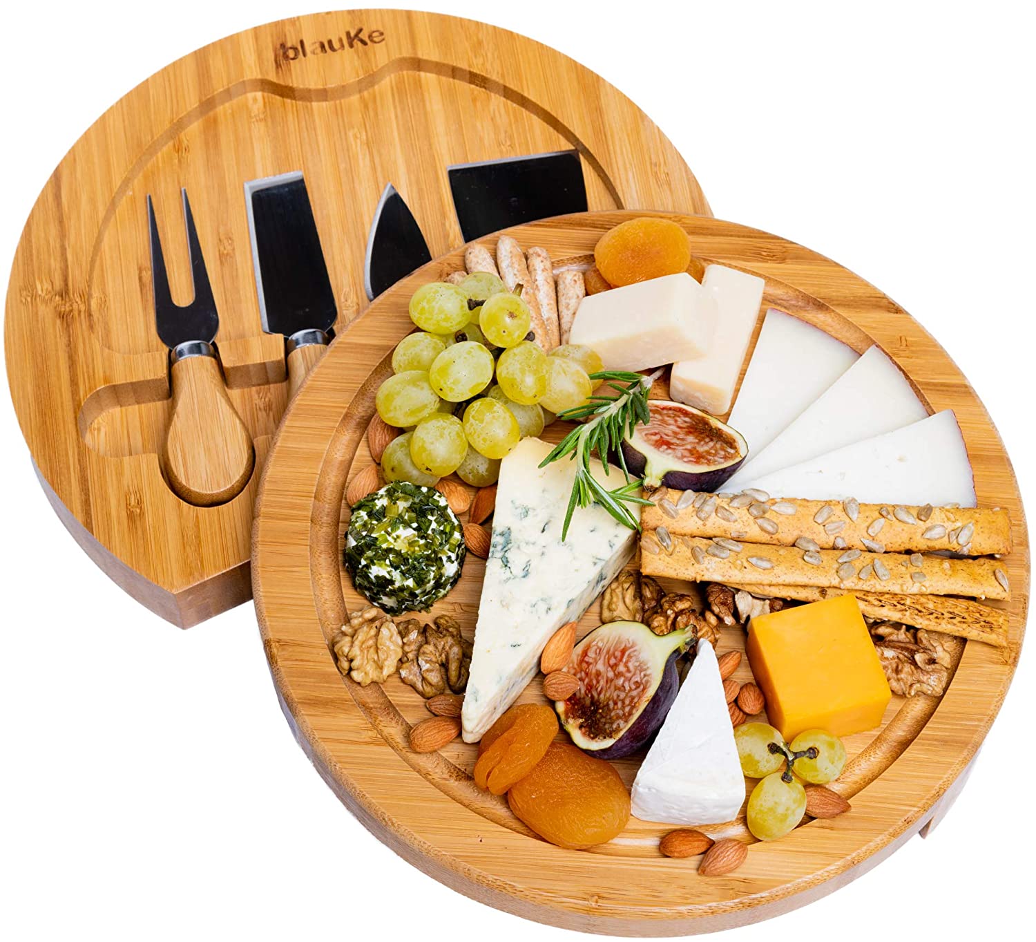 Price:$32.99  Cheese Board and Knife Set - 10 inch Swiveling Charcuterie Board With Slide-Out Drawer, Serving Platter, Round Serving Tray, Wood Cheese Board Set - Birthday Anniversary Housewarming Gift Idea: Cheese Plates
