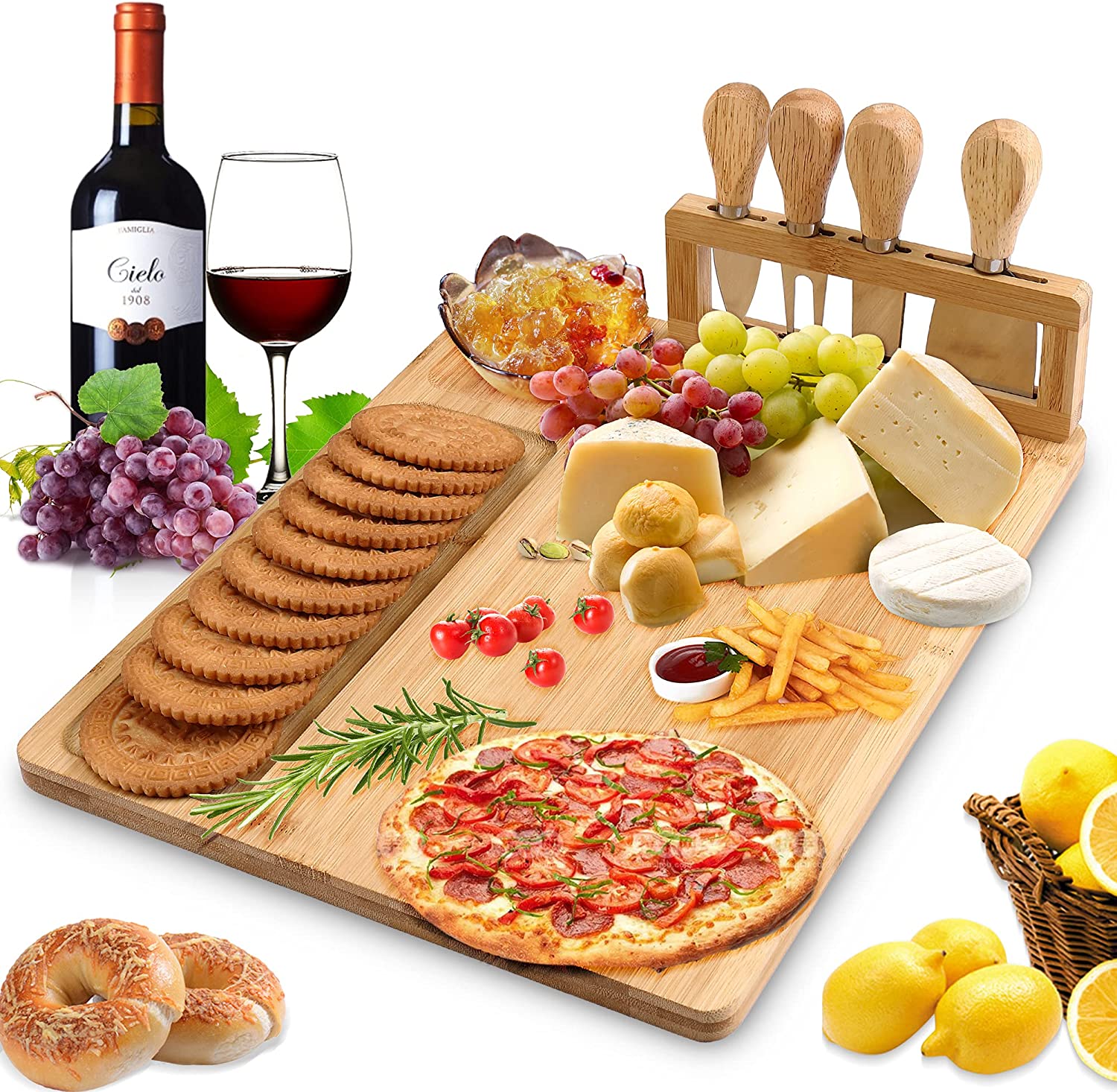 Price:$22.99  Bamboo Cheese Board Set Including 4 Stainless Cutlery Set, Charcuterie Board And Serving Tray For Entertaining Or Gift (Rectangle Version): Cheese Plates