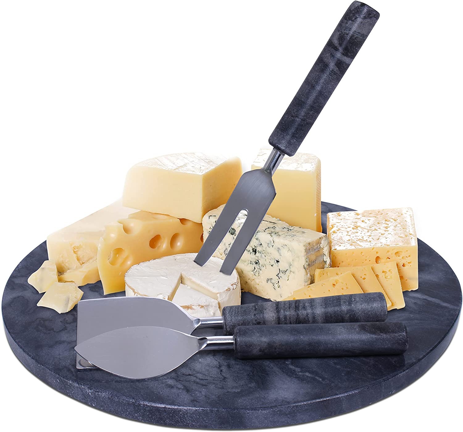 Price:$36.97  Cheese Board & Utensil Set- 12” Round Black  Charcuterie Board & Cutting Board Set- Handmade  Serving Tray for Wine Meat Cheese Platter with 3 Piece Knife Set- Cheese Board : Cheese Plates