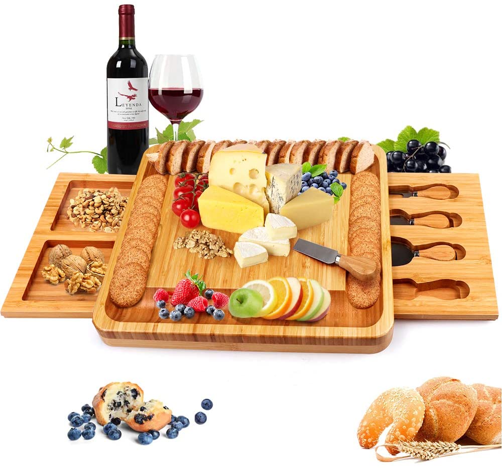 Price:$69.99  Cheese Board with Cheese Tools, Cheese Plate Charcuterie Board Platter Set Serving Tray for Wine Cracker Brie and Meat, Large Thick Wooden Server, Fancy House Warming Gift for Gourmets: Cheese Plates