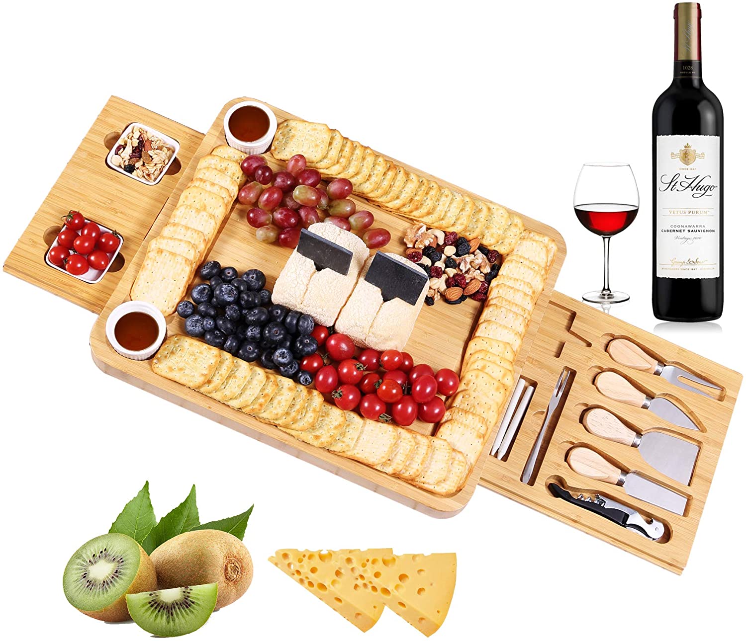Price:$39.99  Cheese Board 16 x 13 x 2 Inch Wood Charcuterie Platter With Cutlery In Double Slide-Out Drawer For Wine, Cheese, Meat: Cheese Plates
