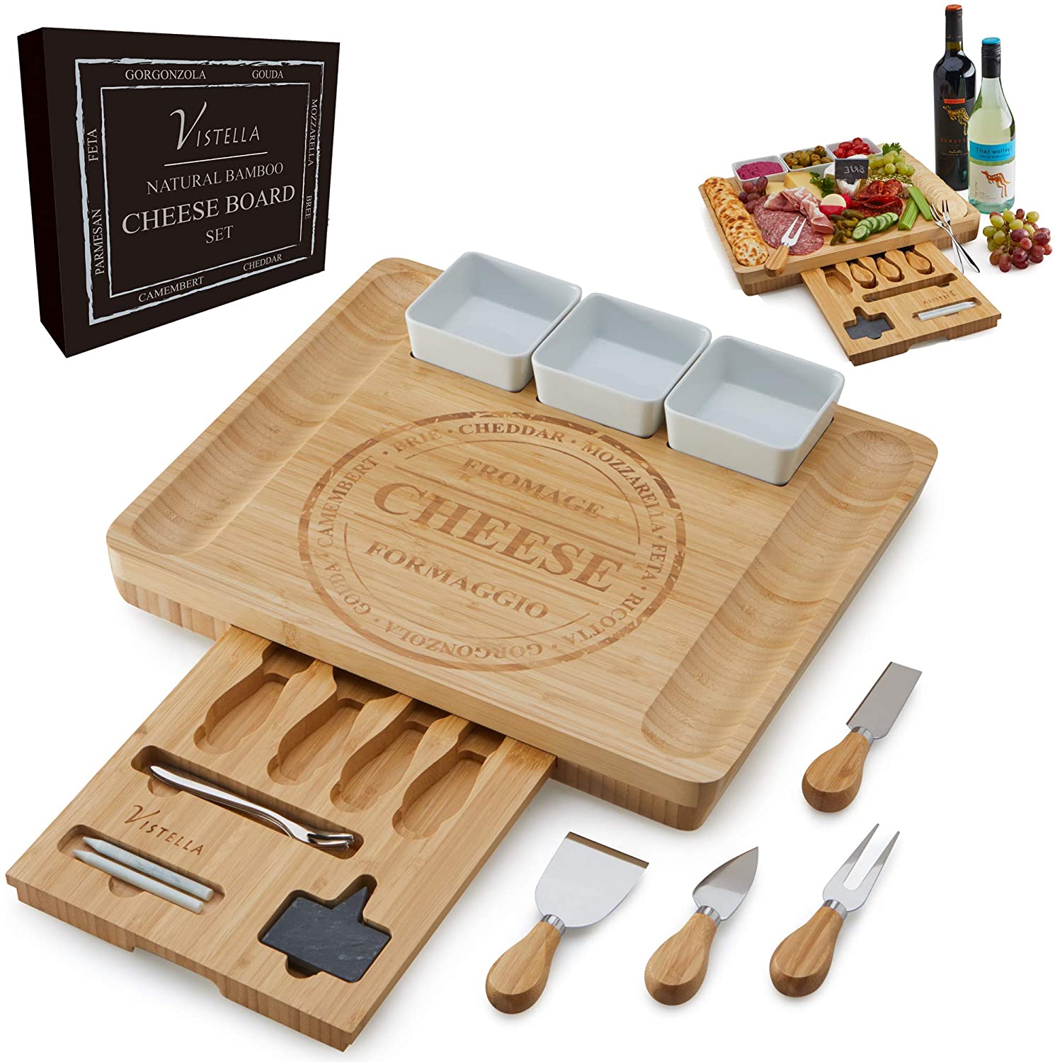 Price:$43.40  Charcuterie Cheese Board - Natural Bamboo Platter with drawer and Ceramic Bowls - Knives and Forks Set with Chalk Signs - Thicker Wider and Modern: Cheese Plates