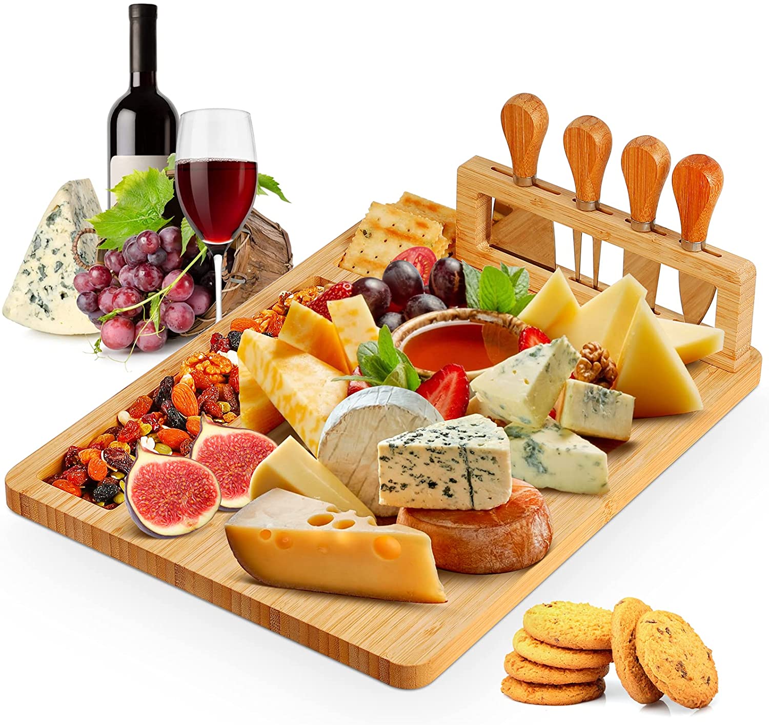Price:$24.99  Bamboo Cheese Board and Knife Set, Wood Charcuterie Platter & Serving Tray for Wine, Crackers, Fruits and Meat, Wooden Cheese Servers, Cheese Plates for Housewarming, Wedding Gift, 14" x 11": Cheese Plates