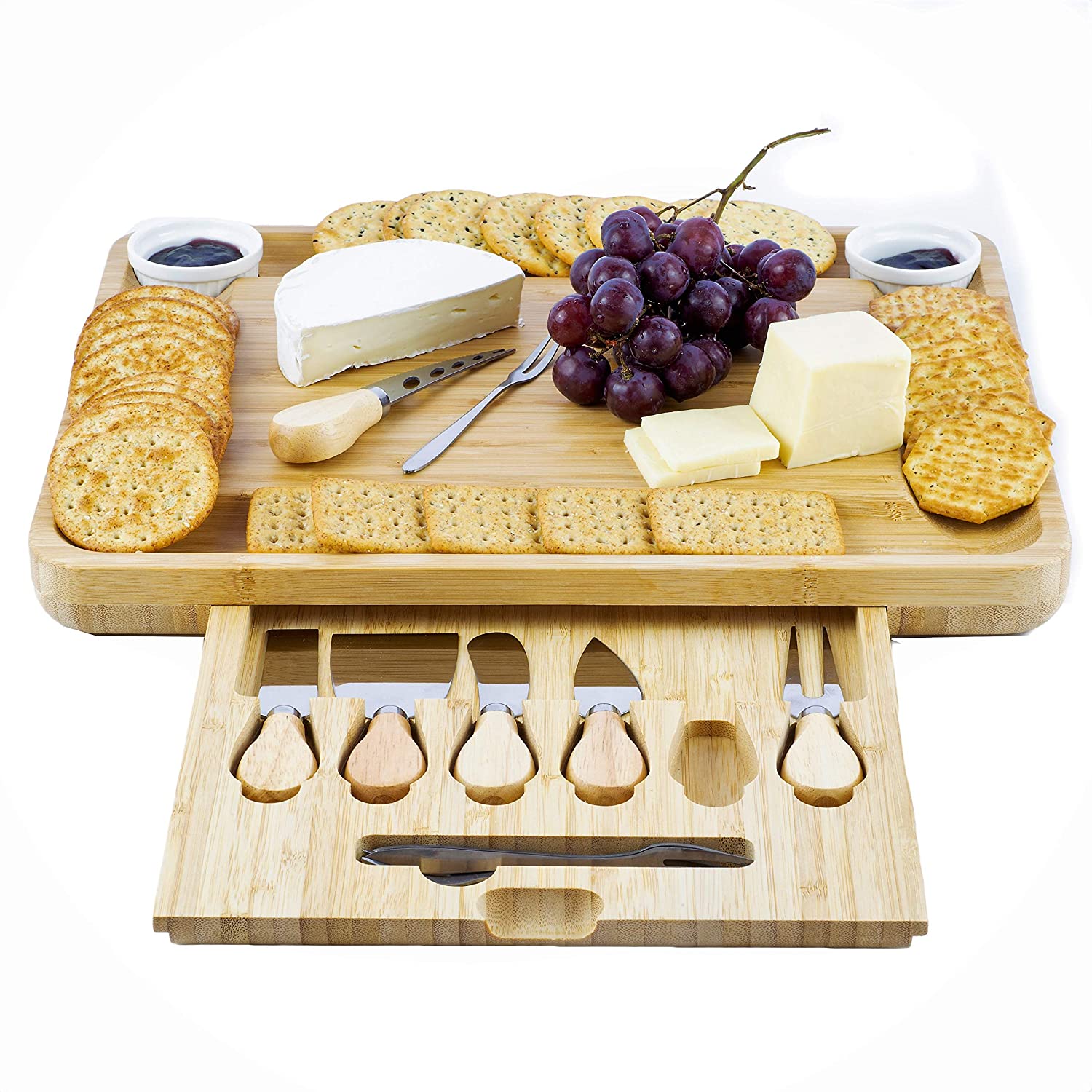 Price:$41.99  Cheese Board and Knife Set - Charcuterie Platter with 6 Cutlery, 4 Forks, 2 Ceramic Bowls, Upgraded Magnetic Tray - Extra Large Wooden Serving Plate for Meats, Crackers, Dip, Fruit, Veggies: Cheese Plates