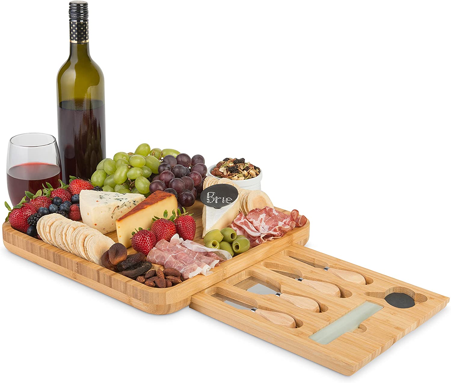 Price:$69.99  Nest Bamboo Cheese Board and Knife Set with Drawer, Slate Labels, Marker and Travel Bag - Charcuterie Board Cheese Platter Great Gifts for Wine Lovers, Bridal Shower, Wedding or Housewarming: Cheese Plates