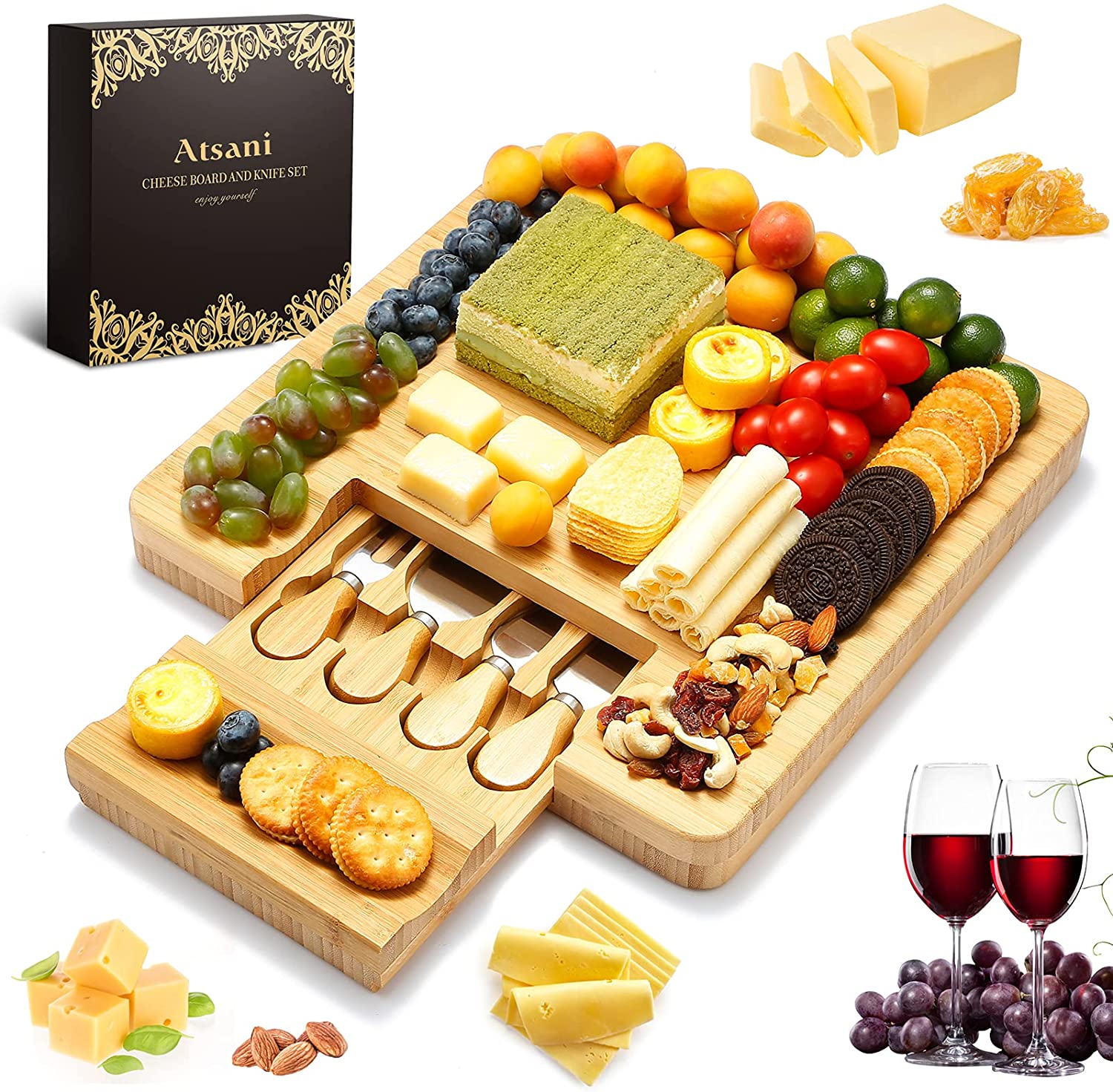Price:$39.99  Board and Knife Set, Bamboo Cheese Board Set, Cheese Platter Board with Slide-Out Drawer, Cheese Tray for  Crackers Brie Meat, Gift for Birthdays/Wedding Registry/Housewarming: Cheese Plates