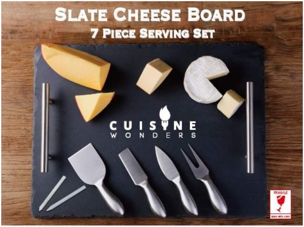 Price:$34.99  Slate Cheese Board and Knife Set, 7 piece, Cheese Platter Slate Board, Cheese Serving Board, 4 Stainless Steel Knives, 2 Soap Stone Chalks, 16" X 12" (7 piece): Cheese Plates