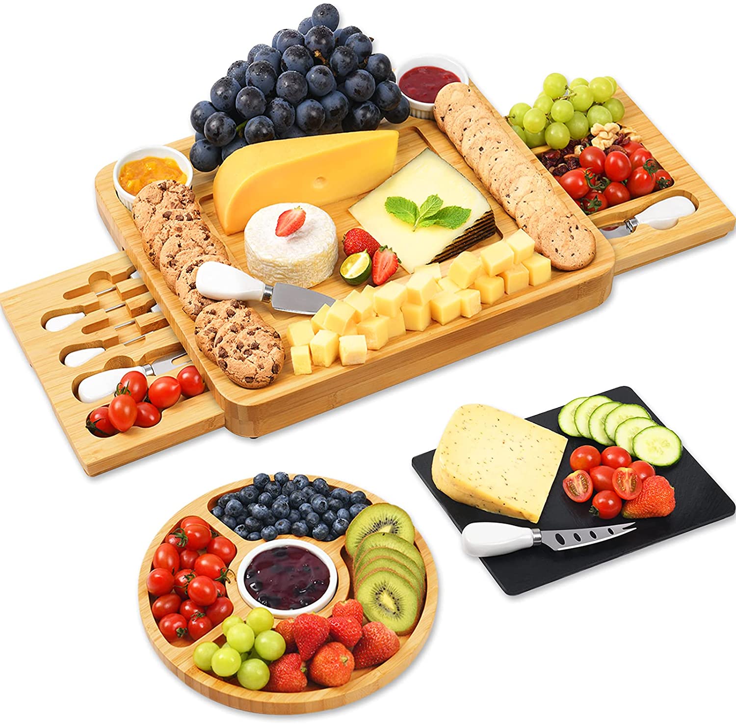 Price:$56.99  Bamboo Cheese Charcuterie Board and Knife Set Cheese Serving Board with Round Tray Wooden Cheese Platter Set,Cheese Tray, Perfect for Christmas, Anniversary,Wedding ,Housewarming Gift Ideas: Cheese Plates