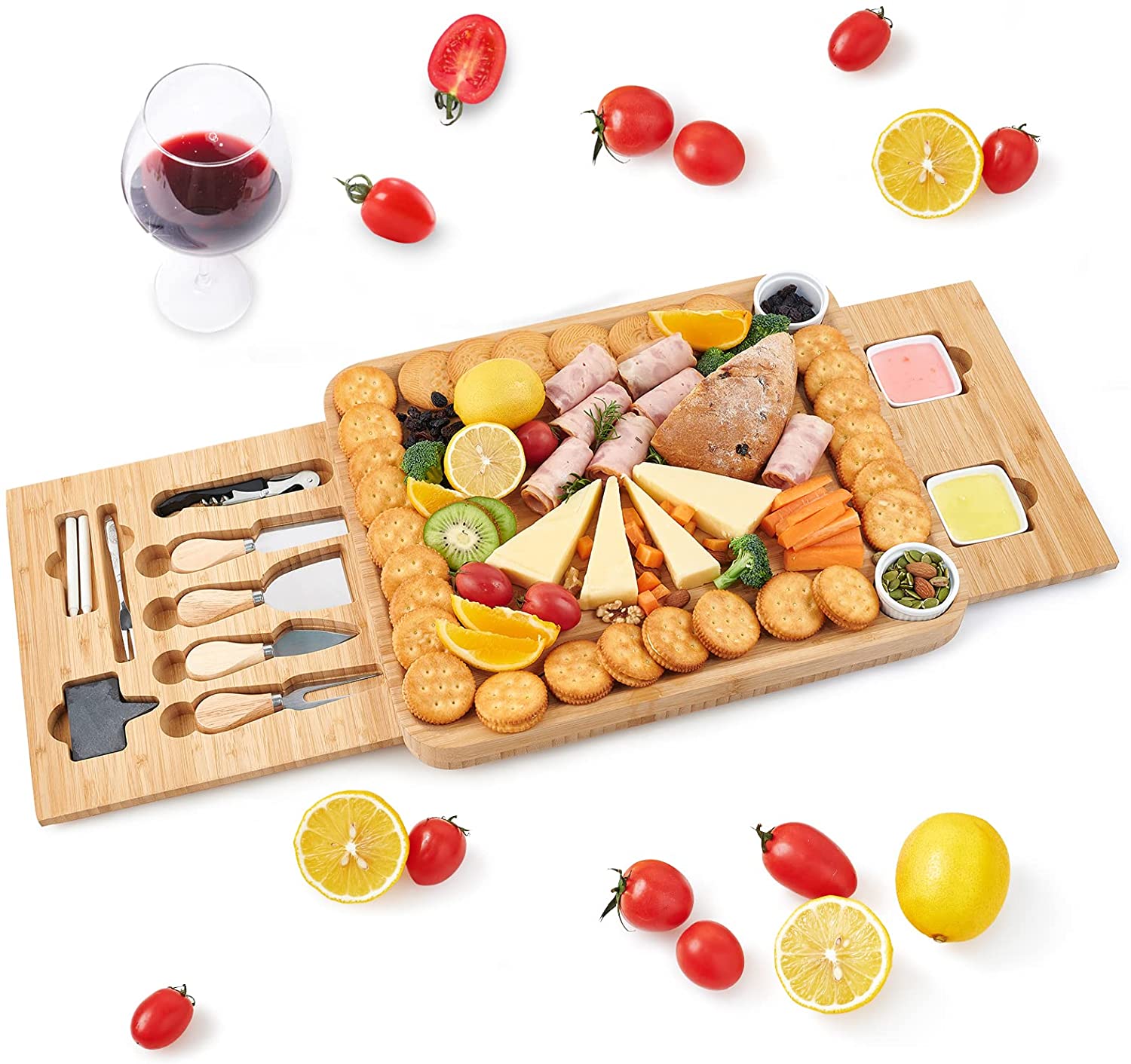 Price:$39.99  Cheese Board Set with Cutlery in a Slide-out Drawer, Charcuterie Board with Knife Set, Perfect Choice for Wedding Birthdays Christmas Anniversary Housewarming Kitchen Gift: Cheese Plates