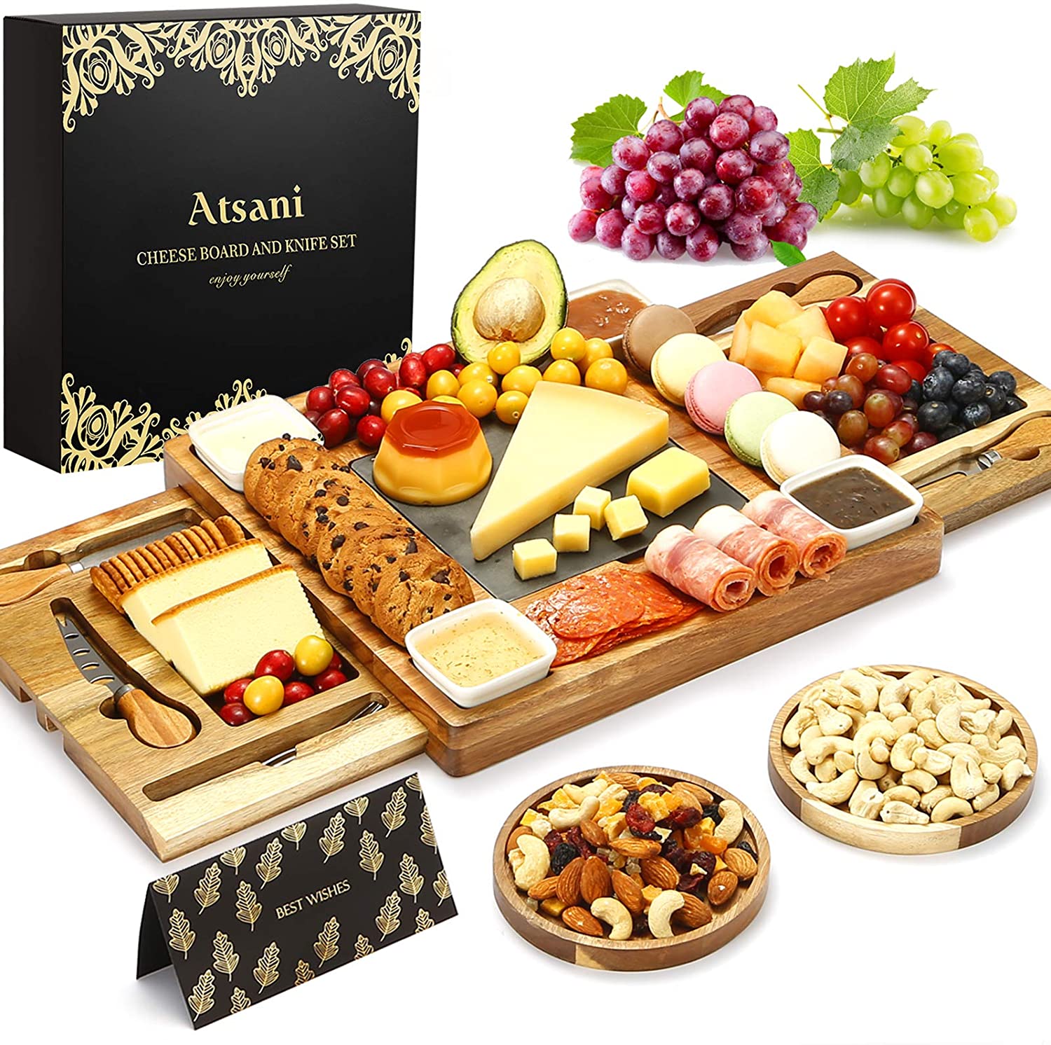 Price:$58.99  Board Set & Knife Set,Wood Charcuterie Boards, Tray with Cutlery in Double Slide-Out Drawer, Plates for Charcuterie,Wine,Crackers, Brie,Meat,Gift for Valentine,Wedding,Housewarming:  Plates