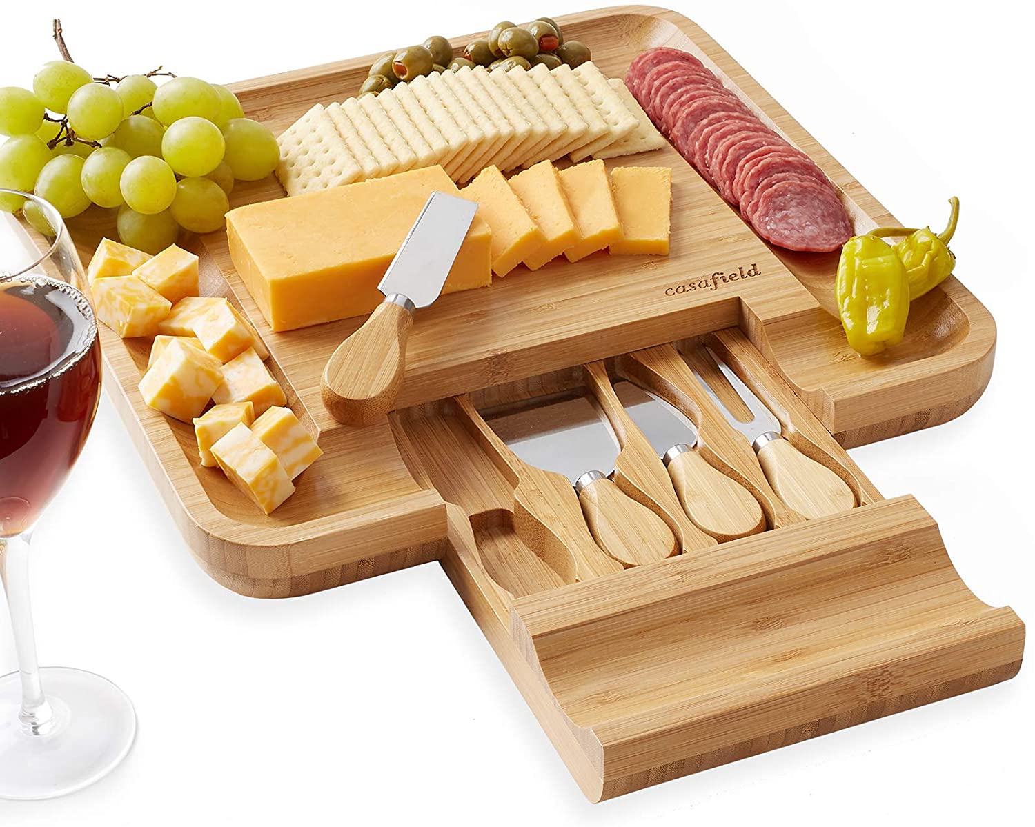 Price:$25.99  Organic Bamboo Cheese Cutting Board & Knife Gift Set - Wooden Serving Tray for Charcuterie Meat Platter, Fruit & Crackers - Slide Out Drawer with 4 Stainless Steel Knives: Cheese Servers