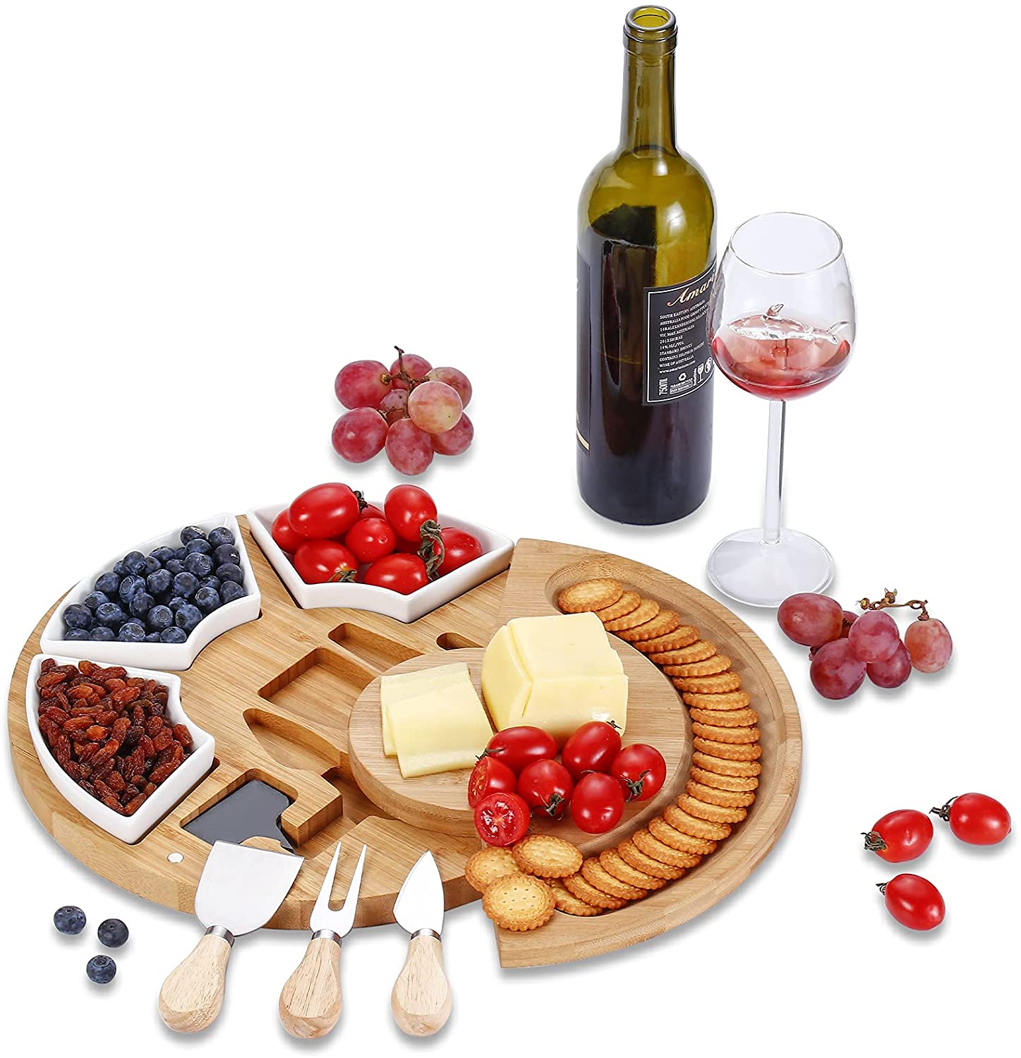 Price:$41.99  Board Set- Bamboo Cheese Board and Knife Set.13 inch Meat/Cheese Cutting Board and Knife Set, Great Gift Idea for Housewarming Christmas Thanksgiving Party Birthday Wedding…: Cheese Plates