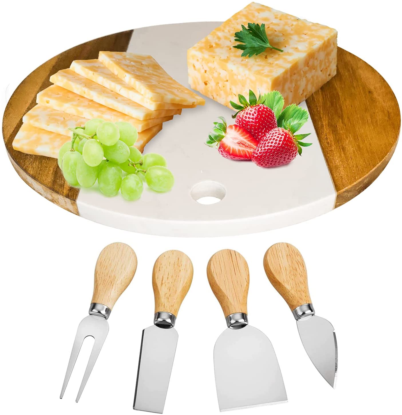 Price:$39.99  Cheese Board with Acacia Wood 12" Round | 4 Piece Cheese Knife Set Charcuterie Board Serving Platter | Housewarming Gift Set: Cheese Plates