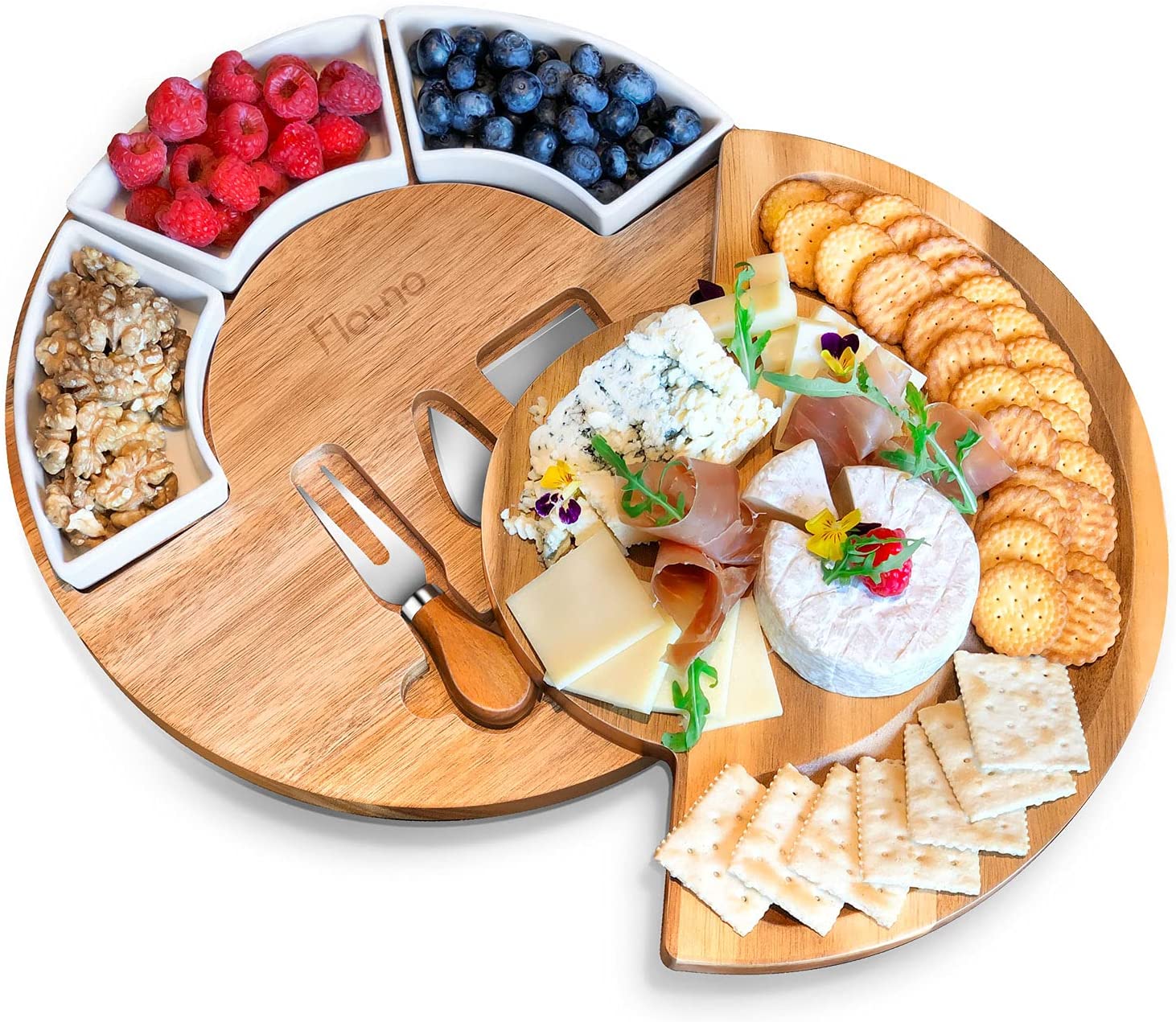 Price:$51.99  Cheese Board and Knife Set - 13" Round Wood Charcuterie Platter with Knives & Bowls | Meat & Cheese Serving Tray for Parties | Housewarming | Wedding | Christmas Gift: Cheese Plates