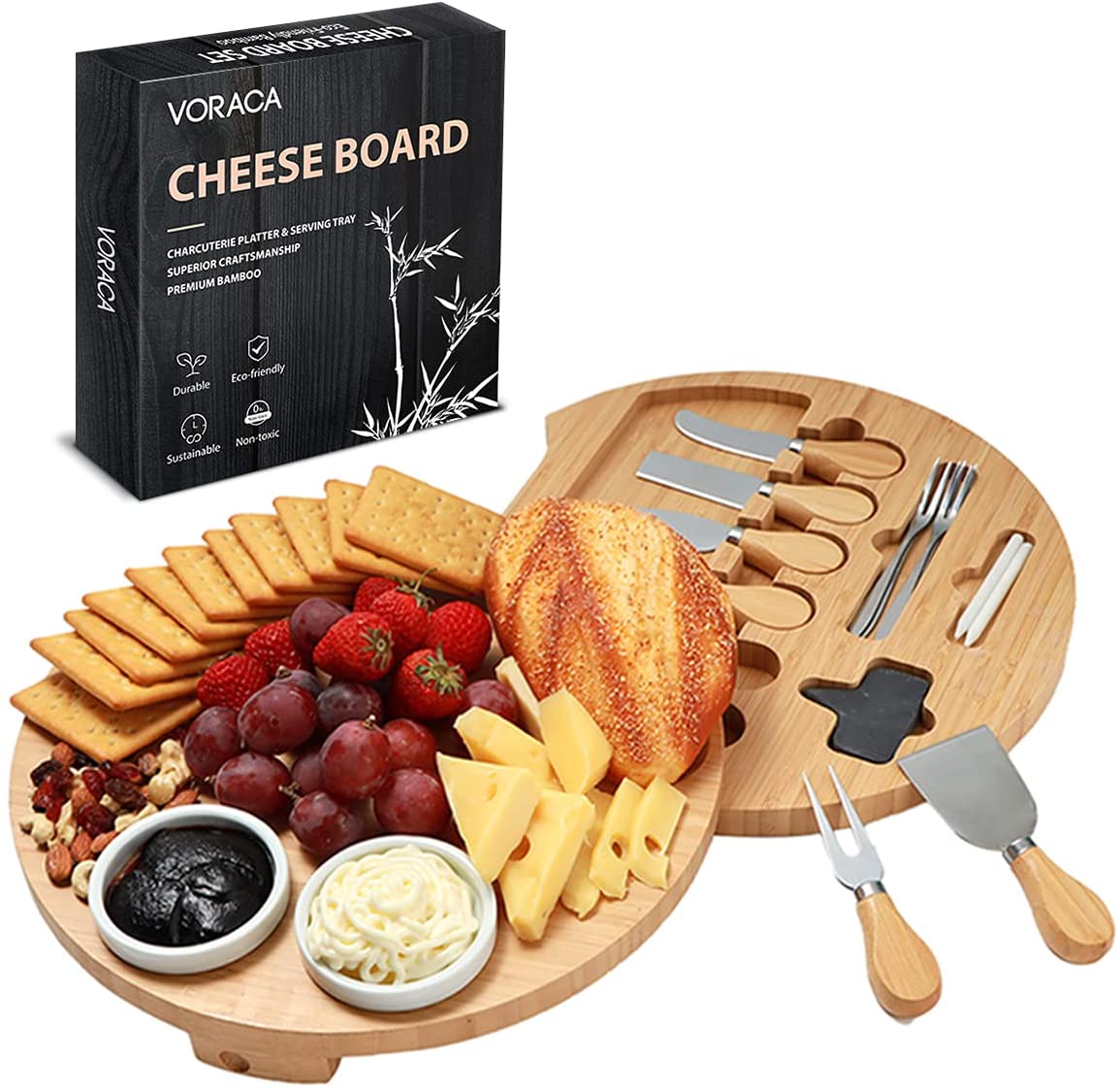 Price:$32.99  Round Charcuterie Board Set, 13 inch Cheese Board and Knife Set, Cheese Serving Platter for Entertaining and Serving - 6 Knives, 4 Forks and 2 Bowls Server Plate : Home & Kitchen
