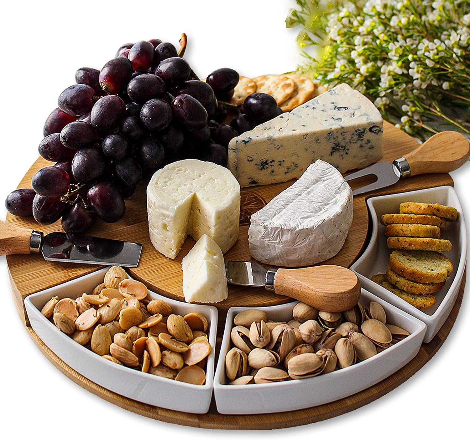 Price:$43.89  Cheese Board and Knife Set - Charcuterie Boards with Cutlery Set - 4 Stainless Steel Knives in Slide-Out Drawer - Cheese Serving Platter with 3 Ceramic Bowls - Great Gift Idea for Any Occasion: Cheese Plates