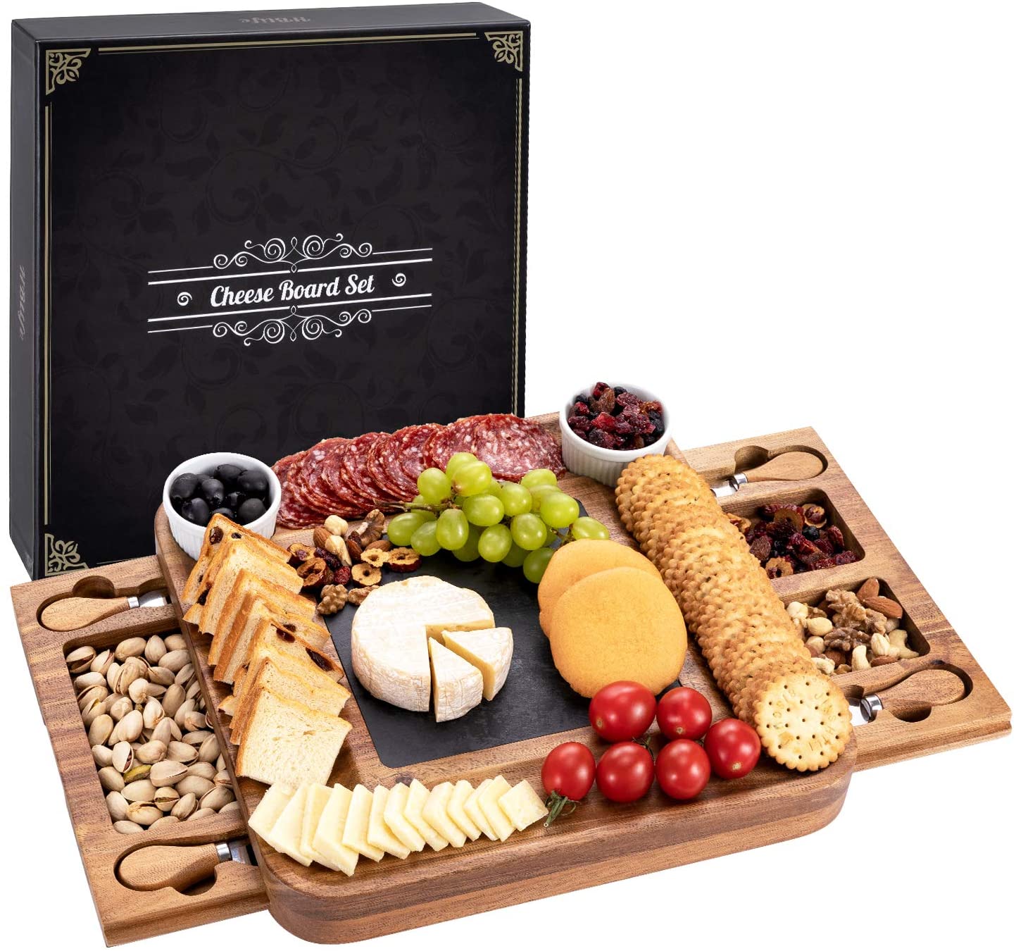 Price:$41.99  Acacia Cheese Board & Knife Set Charcuterie Board Cheese Platter with Slide-Out Drawer for Wine, Cheese, Meat , House Warming Gift Perfect Choice for Christmas Wedding (Square): Cheese Plates
