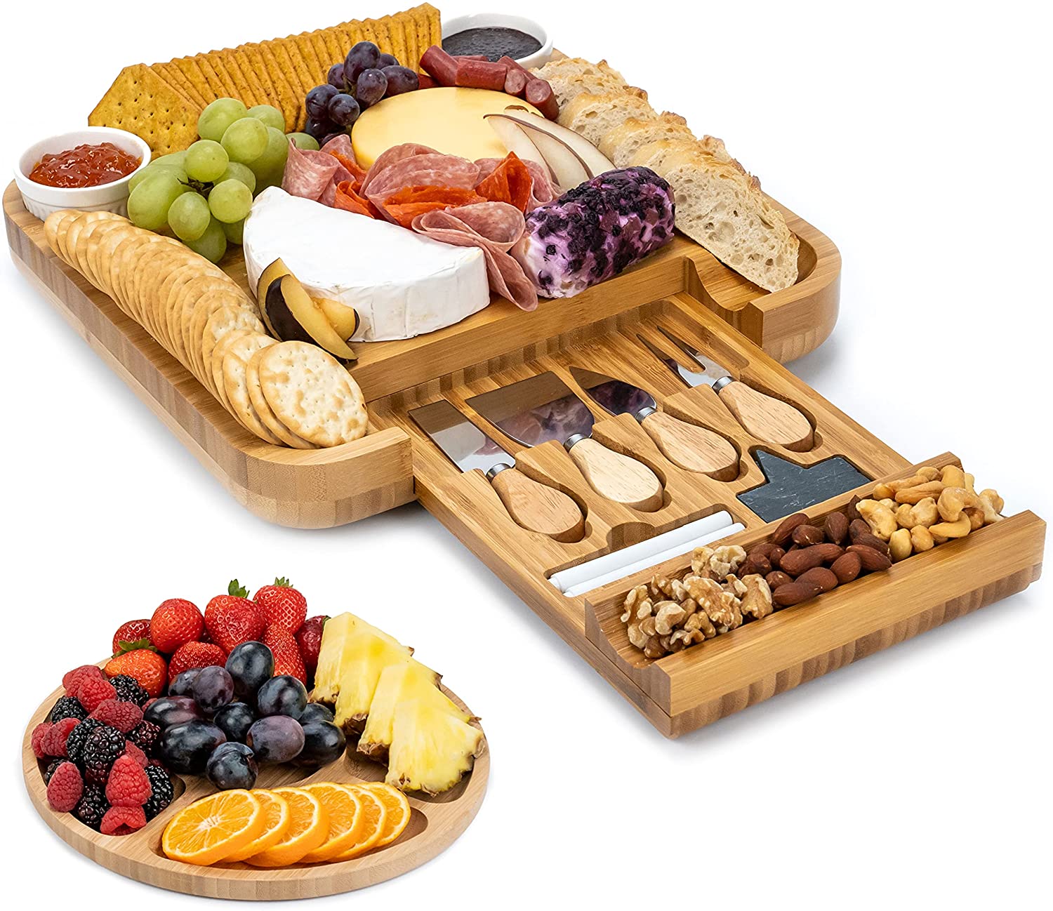 Price:$55.99  Cheese Board and Knife Set - Charcuterie Board Set, Bamboo Cheese Board Set - Wine, Meat, Cheese Platter - Housewarming Gift for Women, Wedding & Anniversary Gift for Couple, Bridal Shower Gift: Cheese Servers