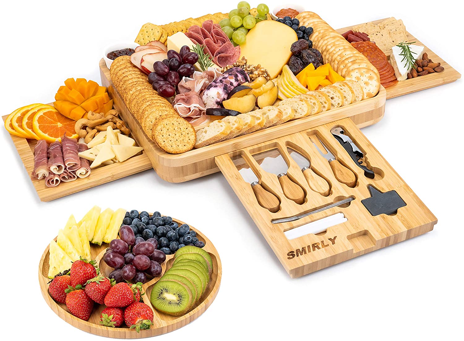 Price:$69.99  Bamboo Cheese Board and Knife Set: Large Charcuterie Board Set - Wine Meat Cheese Platter - Unique Housewarming Gift for Women, Wedding & Anniversary Gift for Couple, Bridal Shower Gift for Her: Cheese Plates