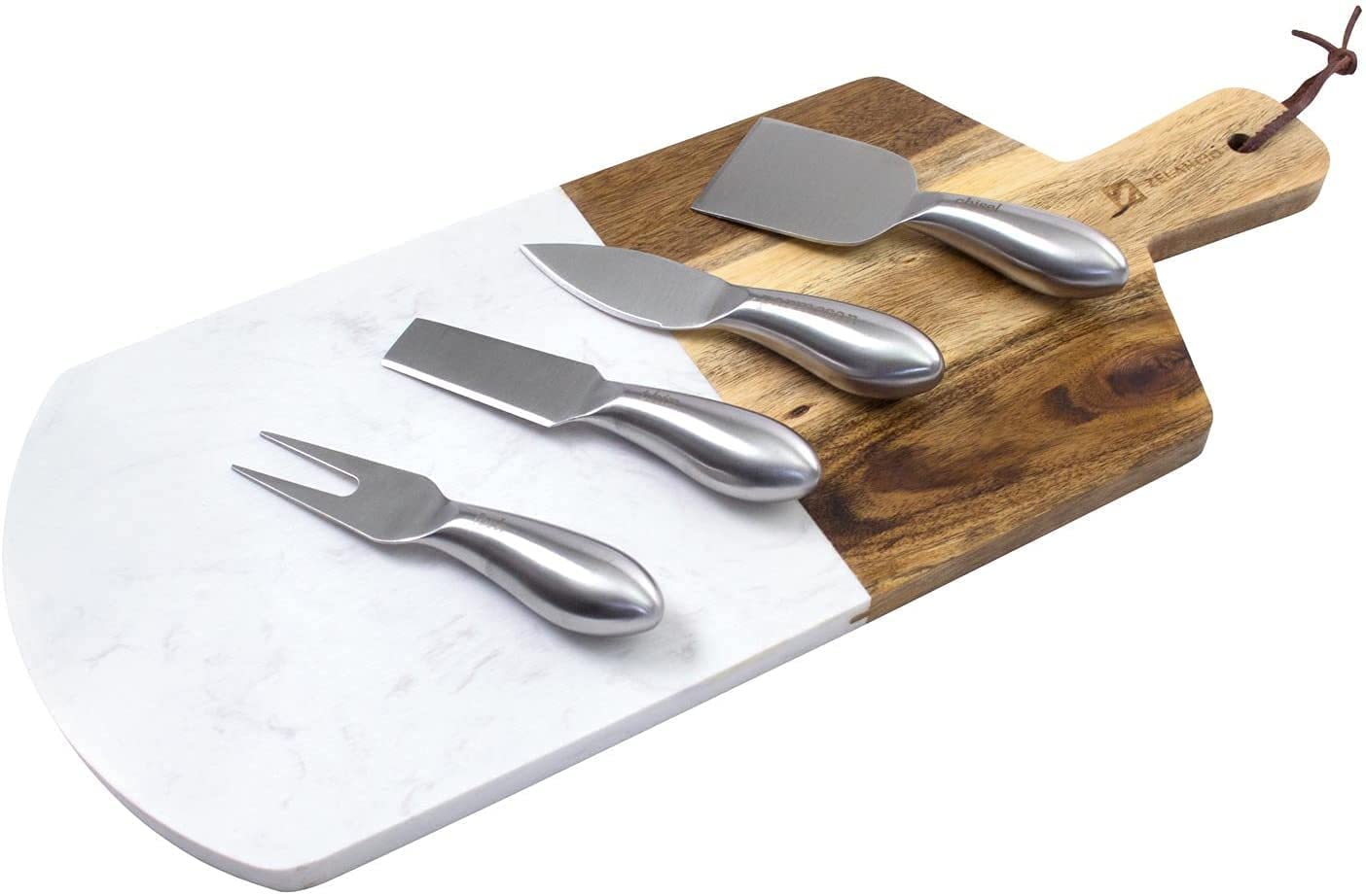 Price:$39.99  Marble and Acacia Wooden Serving Cheese Board, 6 Piece Set Includes Stainless Steel Cheese Tools, Serving Paddle, Wood Cheese Knife Holder with Integrated Magnets: Cheese Plates