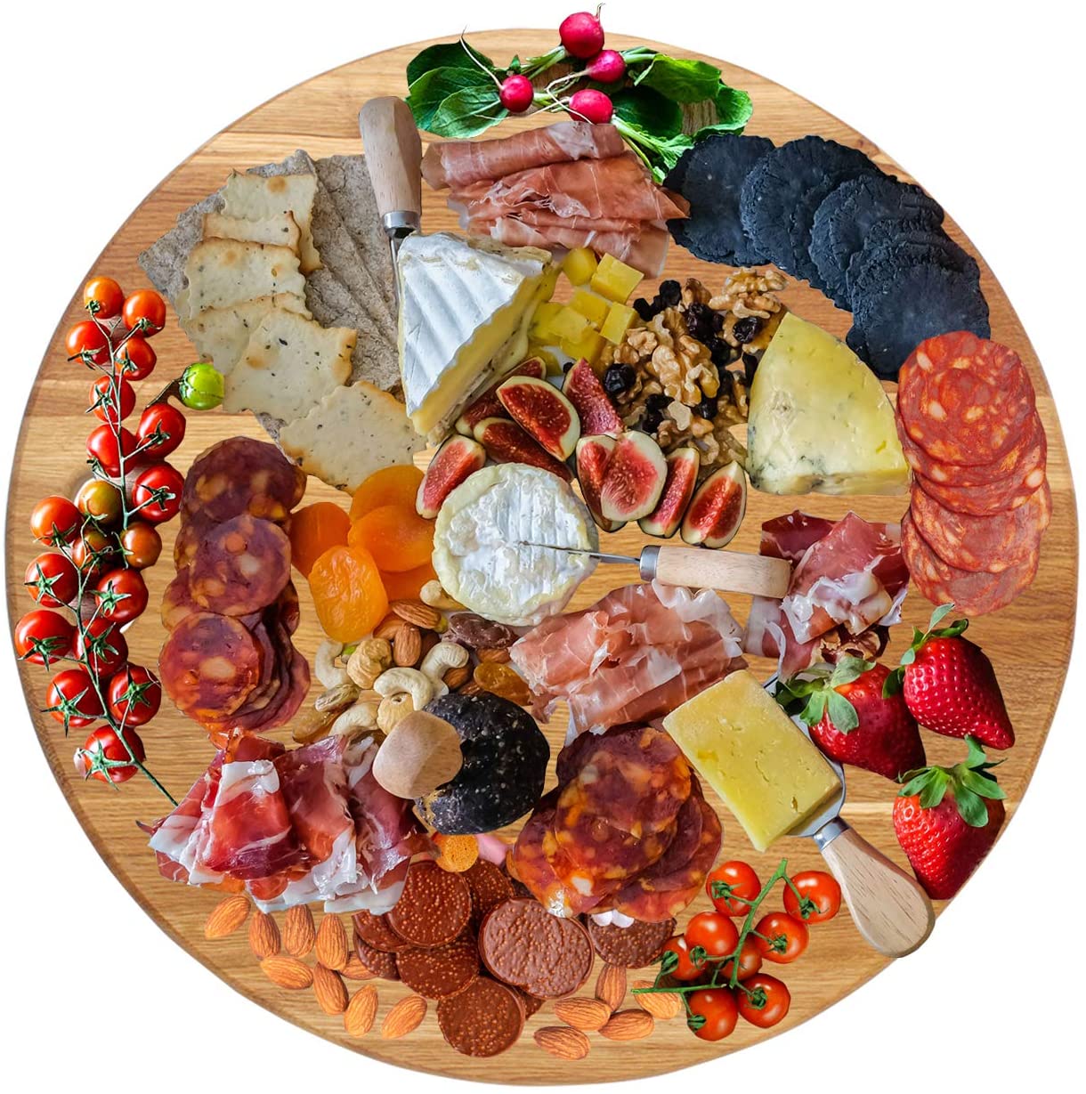 Price:$43.99  American Oak Wood Diameter 19 inches Oversized Serving Board | Large Cheese Board | Charcuterie Board With Handle for Serving Cheeses, Meats, Crackers, and Wine | Unique Gift (Round Cutting Board): Home & Kitchen