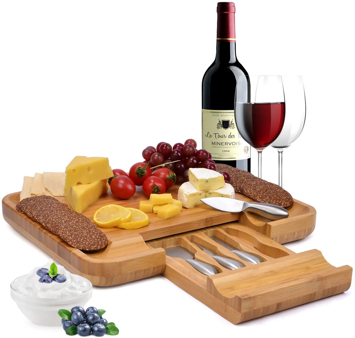 Price:$39.99  Bamboo Cheese Board Set with Slide-Out Drawer and 4 Stainless Steel Cheese Knife, 16X13 inches Extra Spaces Serving Board, Gifts for Christmas, Wedding and Anniversary: Cheese Plates