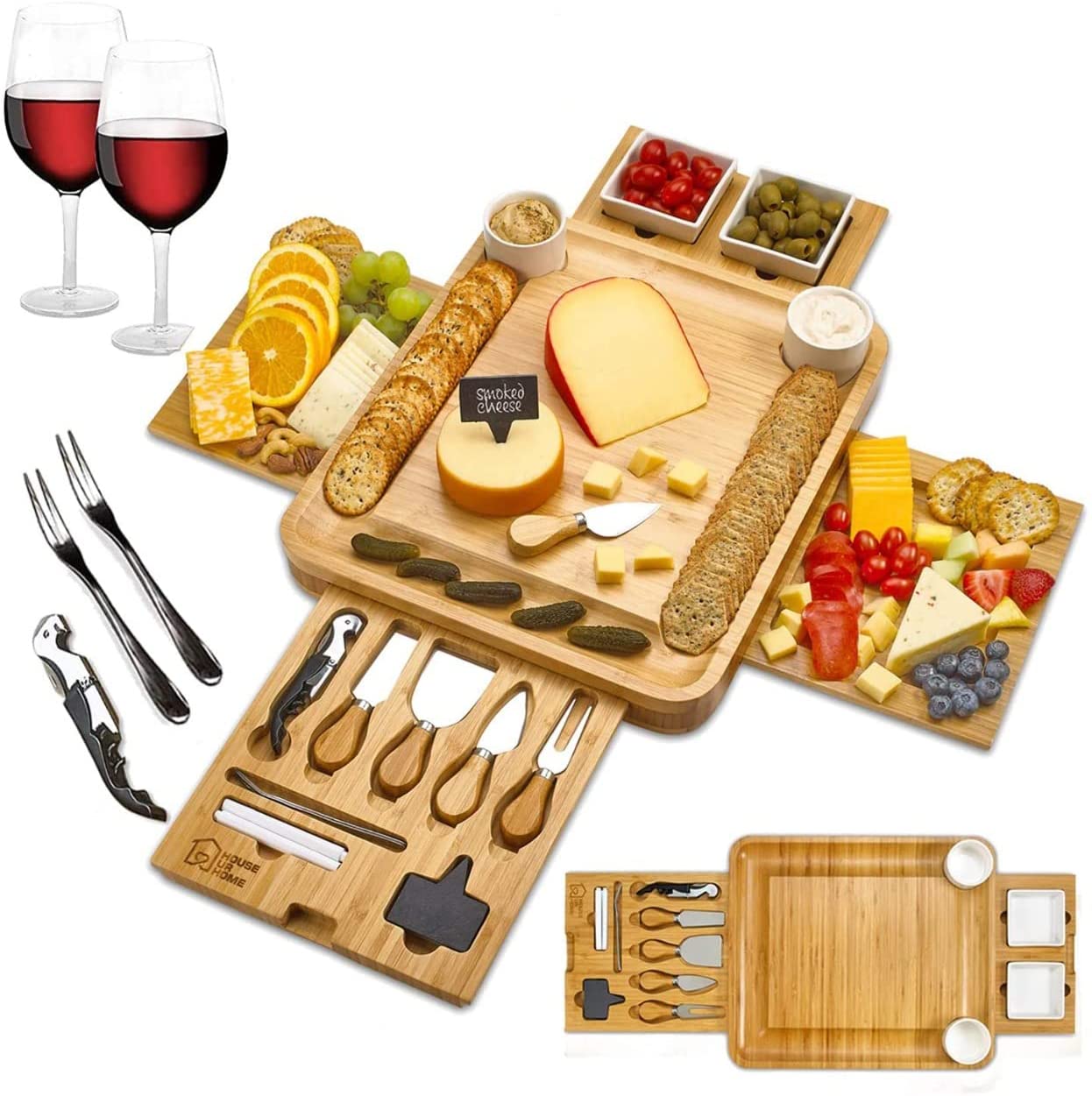 Price:$89.99  Board 2 Ceramic Bowls 2 Serving Plates. Magnetic 4 Drawers Bamboo Charcuterie Cutlery Knife Set, 2 Server Forks, Wine Opener, Labels, Markers, Gift for Birthdays, Wedding Registry,Housewarming:  Plates