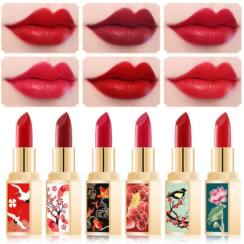 Price:$13.99 Ownest 6 Colors China style Matte Lipstick Set, Long Lasting Moisturizing Non-Marking, Waterproof Non-Stick Cup Palace Style Rouge Lipstick