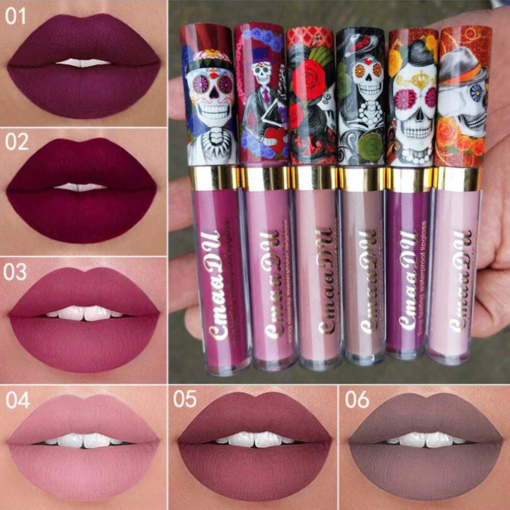 Price:$12.99 Ownest 6 Color Lipstick Set,Skull Face Matte Velvet Lip Gloss,Long Lasting Waterproof Lipstick Set-6pcs