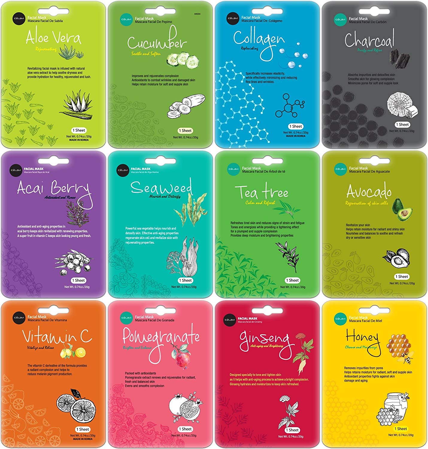 Price:$9.99 Celavi Collagen Facial Face Mask (12-Sheets) Classic Korean Skincare | Lighten, Moisturize, Tighten Skin | Diminish Dark Spots & Circles | Whiten, Brighten, Balance Pigmentation