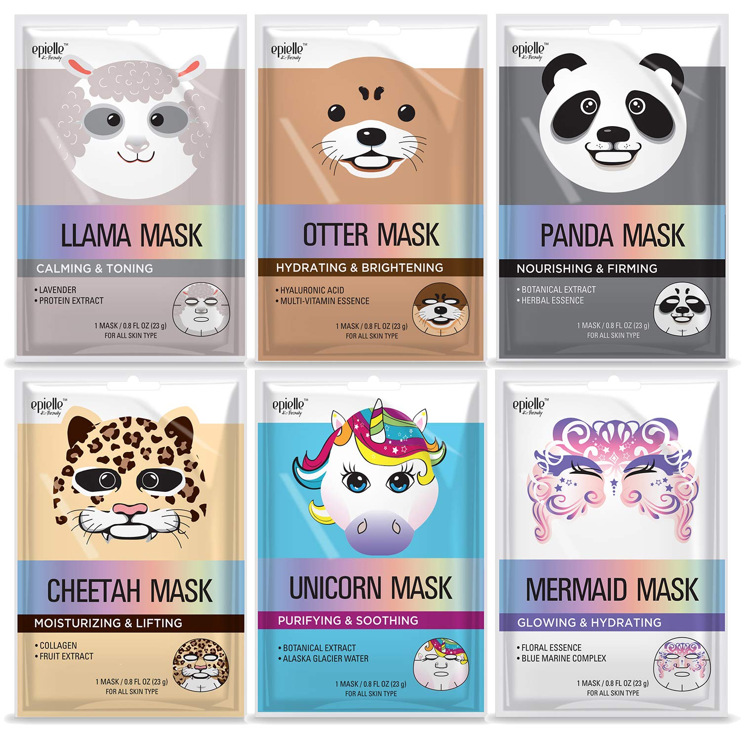 Price:$8.50 Epielle Character Masks (Assorted-6pk) 1-Llama, 1-Mermaid, 1-Panda, 1-Cheetah, 1-Unicorn, 1-Otter