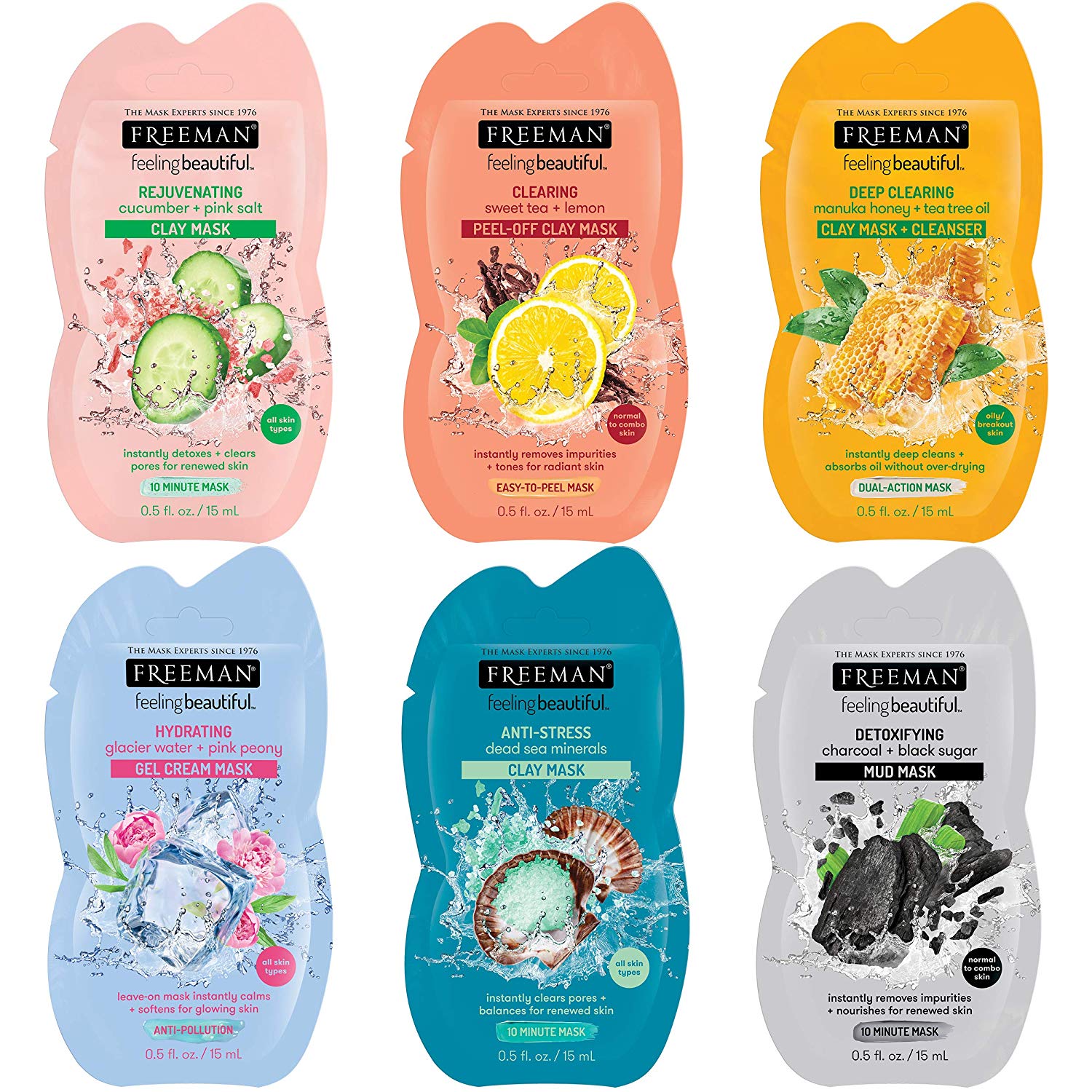 Price:$8.29 Freeman Mask Variety Collection (Pack of 6) - Anti-Stress Clay, Clearing Peel-Off, Deep Cleanser, Hydrating Gel, Detoxifying Mud