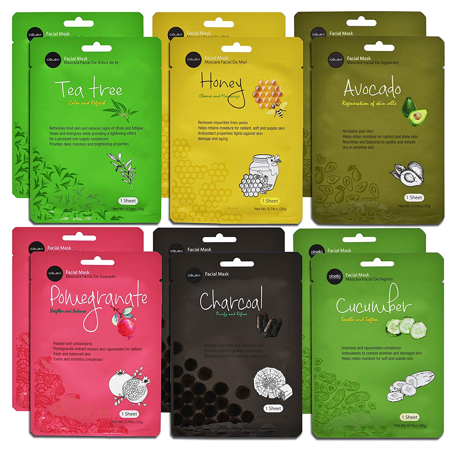 Price:$9.94 Celavi Essence Facial Face Mask Paper Sheet Korea Skin Care Moisturizing 12 Pack (Mix - 2 of Each)