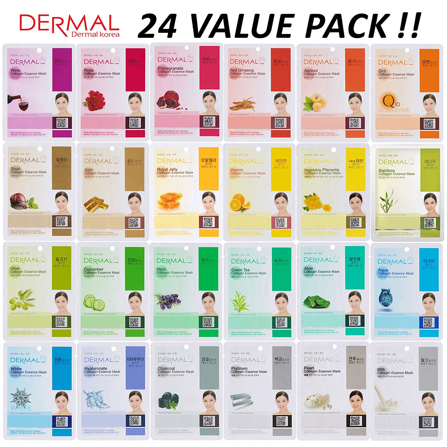 Price:$13.99 DERMAL 24 Combo Pack Collagen Essence Full Face Facial Mask Sheet - The Ultimate Supreme Collection for Every Skin Condition Day to Day Skin Concerns. Nature made Freshly packed Korean Face Mask