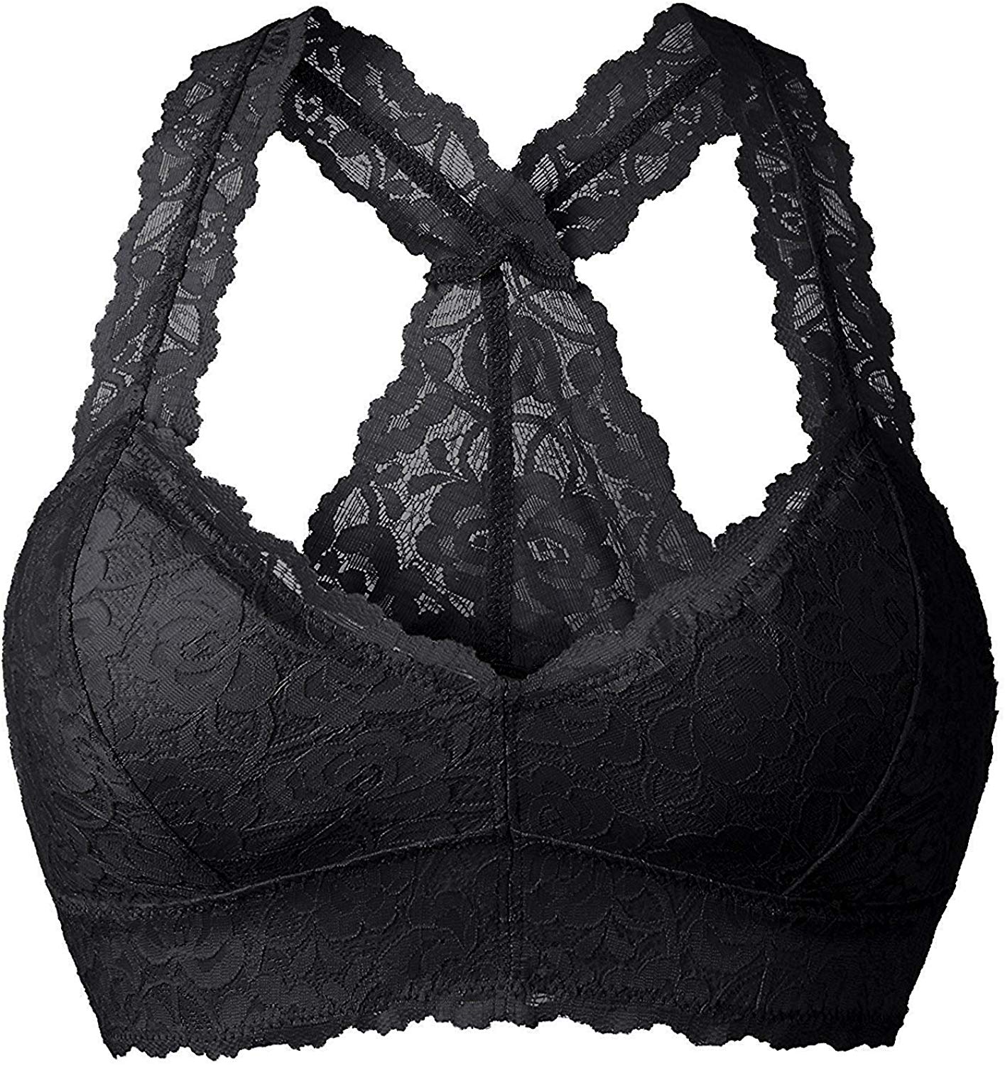 Price:$16.99 YIANNA Women Black Floral Lace Bralette Padded Breathable Sexy Racerback Lace Bra Bustier Crop Top Wirefree, YA8332-Black-New-XL at Amazon Women’s Clothing store