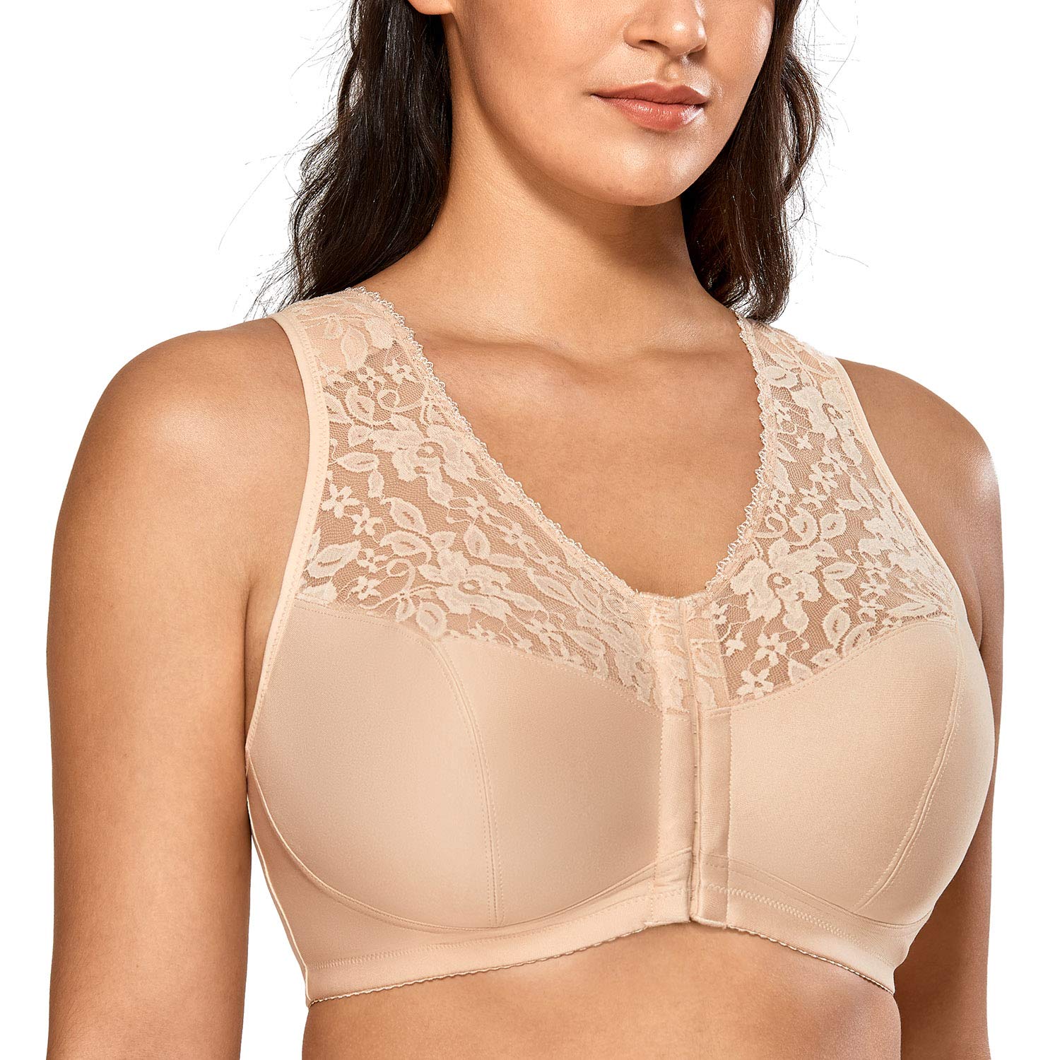 Price:$21.99 DELIMIRA Women's Full Coverage Wirefree Lace Plus Size Front Closure Bra Racerback Beige 34B at Amazon Women’s Clothing store