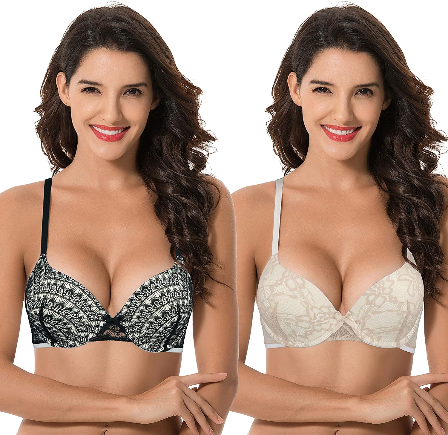 Price:$29.88 Curve Muse Womens Plus Size Perfect Shape Add 1 Cup Push Up Underwire Lace Bras-2PK-BLACK, NUDE-32D at Amazon Women’s Clothing store