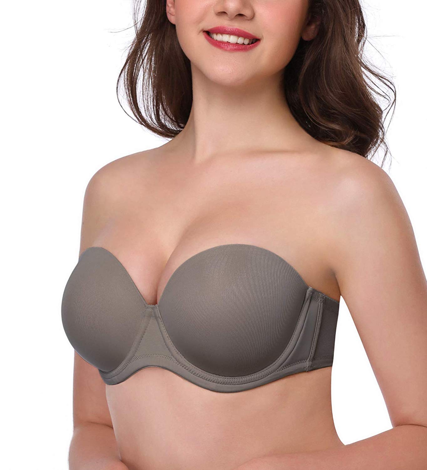 Price:$21.99 HANSCA Women Strapless Bra Convertible Multiway Full Cup Anti-Slip Lift Underwire Bra Plus Size (Coffee, 32B) at Amazon Women’s Clothing store