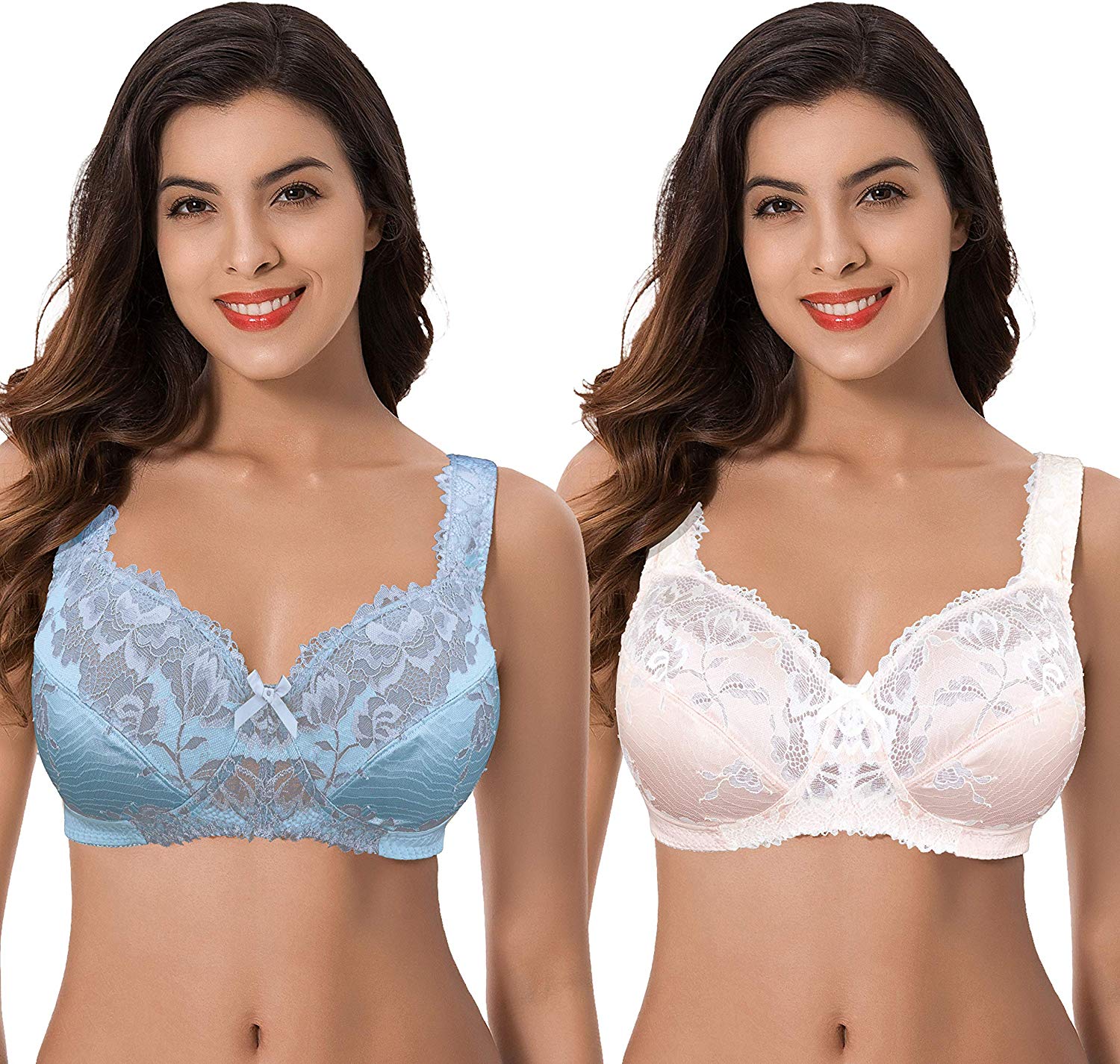 Price:$29.99 Curve Muse Womens Plus Size Minimizer Unlined Wirefree Lace Full Coverage Bras-2Pack-STARLIGHT Blue, Pink DOGWOOD-34B at Amazon Women’s Clothing store