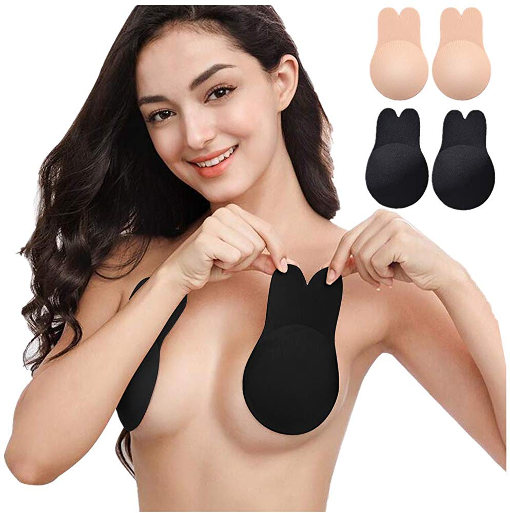Price:$12.95 Adhesive Bra 2 Pair Nipplecovers Breast Lift Tape Invisible Bra Strapless Lift up Sticky Bra Backless Breast Lift Pasties (A/B, BlackNude) at Amazon Women’s Clothing store