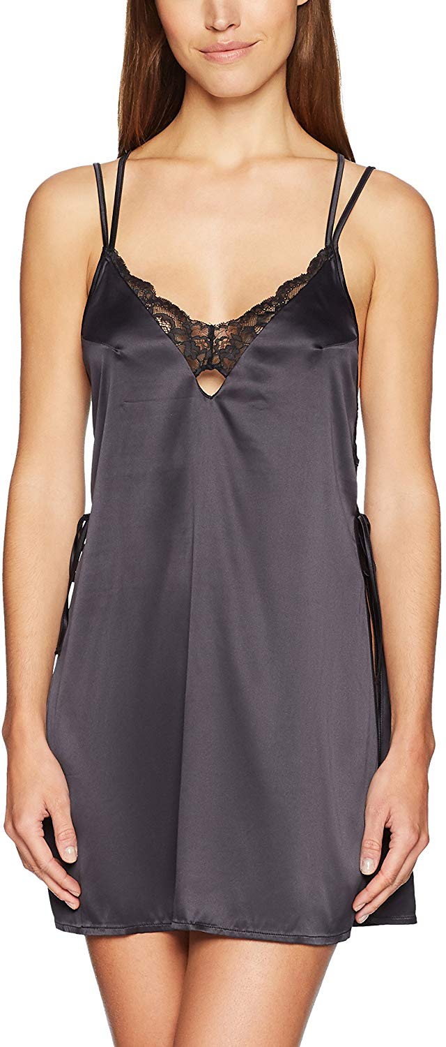 Price:$18.14    Amazon Brand - Mae Women's Satin Chemise With Lace, Black, X-Small  Clothing