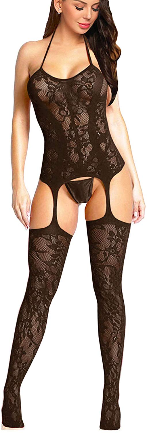 Price:$10.98    Feeke Women's Trinidad Halter Garter Dress with Attached Stockings, Sexy Lingerie Babydoll Bodysuit Chemise Nightwear  Clothing