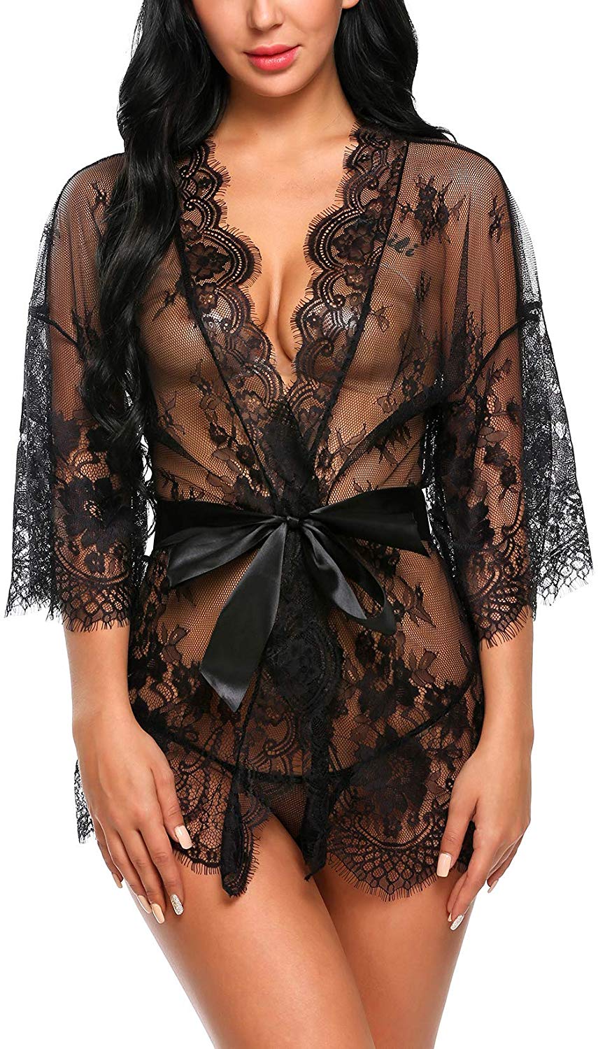 Price:$16.98 Avidlove Women's Lace Kimono Robe Babydoll Lingerie Mesh Nightgown at Amazon Women’s Clothing store