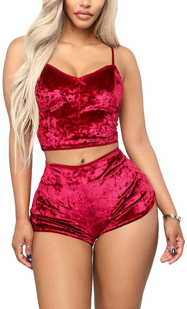 Price:$20.99 Angsuttc Women's Velvet 2 Piece Outfit Spaghetti Strap Sleeveless Crop Top+ Shorts Set at Amazon Women’s Clothing store