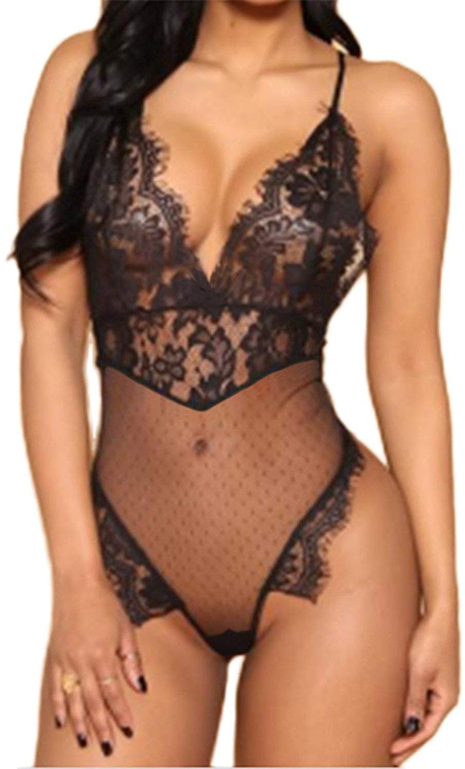 Price:$8.99 Aranmei Lingerie for Women Teddy One Piece Lace Babydoll Bodysuit at Amazon Women’s Clothing store