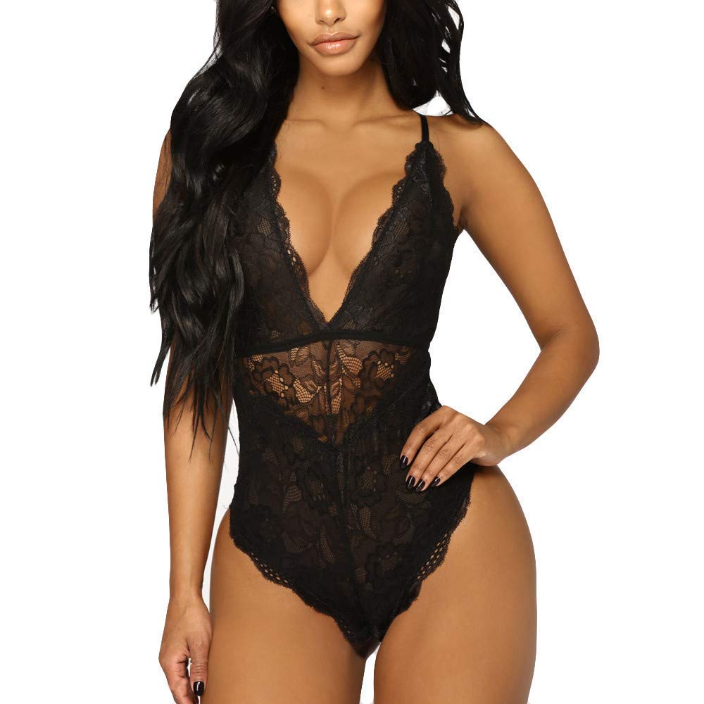 Price:$11.99 Aranmei Women Deep V Sexy Lace Bodysuit Snap Crotch Lingerie Teddy Underwear at Amazon Women’s Clothing store