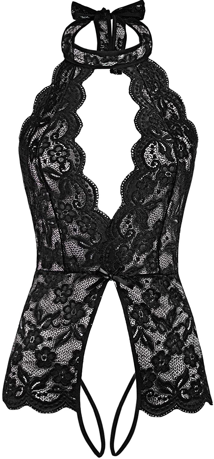 Price:$1.99    ADOME Women Teddy Lingerie One Piece Babydoll Lace V Plunging Bodysuit Halter Outfits  Clothing