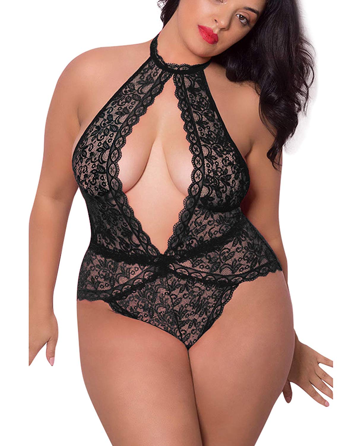 Price:$10.99 Women Sexy Lingerie Nightie - Plus Size Lingerie Lace Babydoll Halter ChemisTeddy Bodysuit XL-4XL (XL, Black) at Amazon Women’s Clothing store